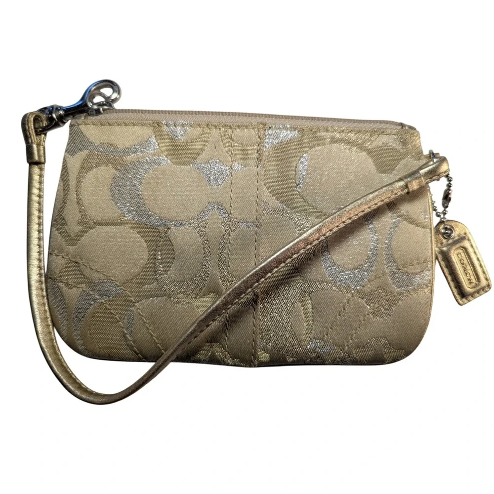 Coach Metallic Gold Signature Jacquard Canvas‎ Mini Wristlet Bag Purse
